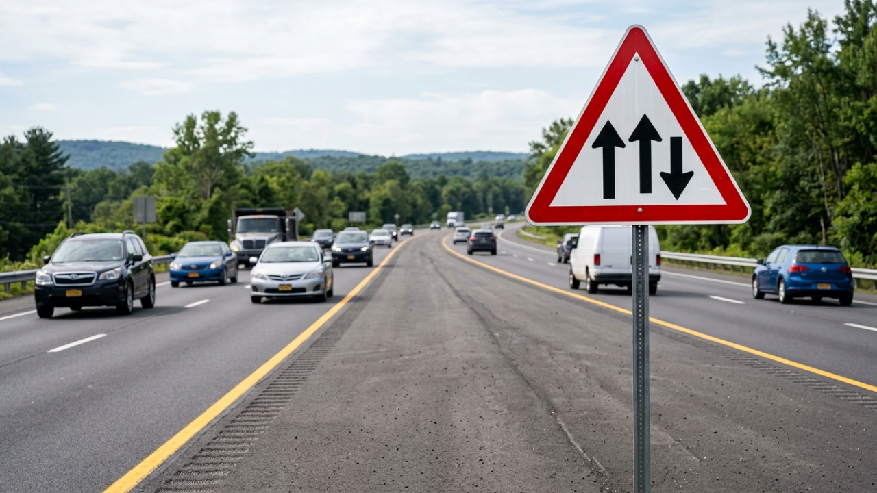 O que significa a placa vermelha com duas setas para cima e uma para baixo e o que o motorista deve fazer ao encontrá-la