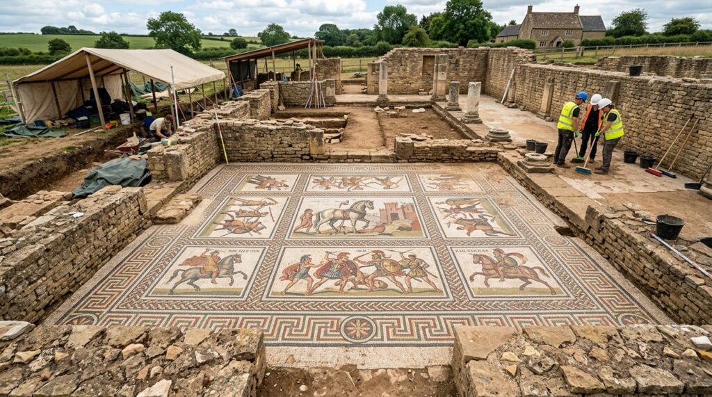Mosaico romano de 600 quilos é encontrado preservado após permanecer escondido por mais de 1.500 anos sob uma antiga vila