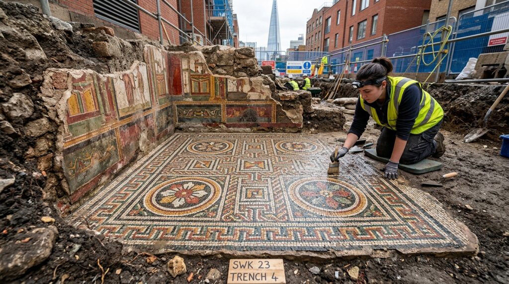 Equipes que trabalhavam nas fundações de um novo prédio desenterraram um mosaico romano de 1.800 anos enterrado sob a cidade desde a Antiguidade