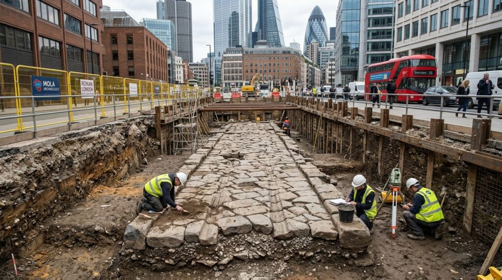 Arqueólogos que escavavam para uma nova estação desenterraram uma estrada romana de 30 metros preservada sob a cidade desde o século II