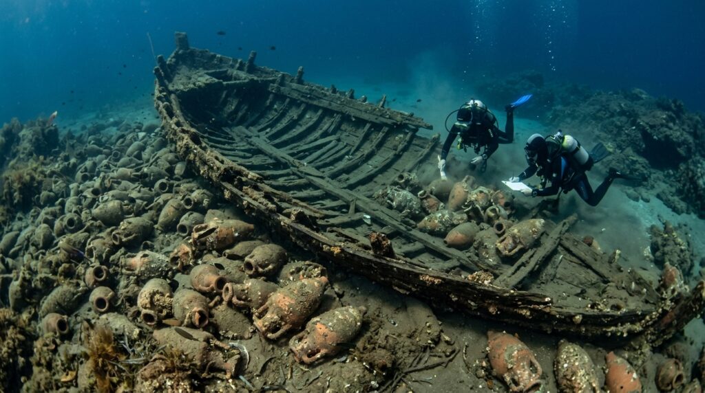 Restos de navio romano com 100 ânforas são encontrados perto da Sicília