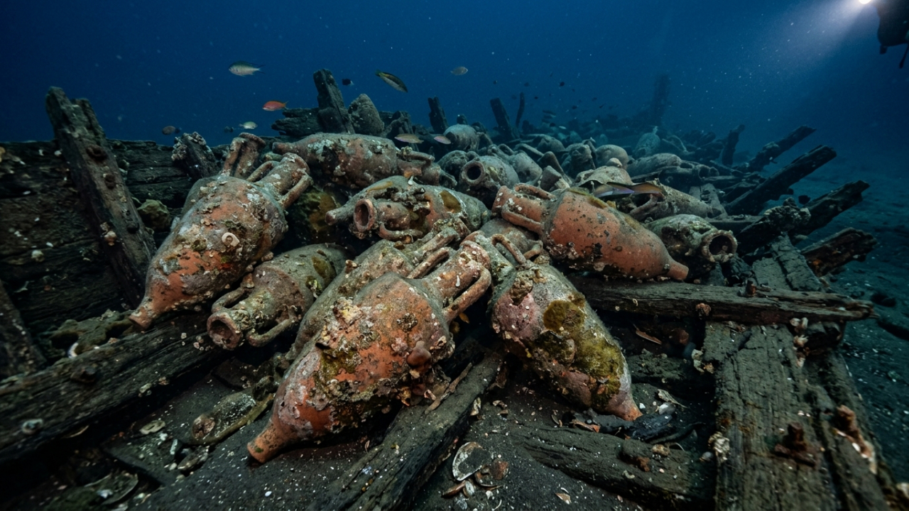 Navio romano naufragado há mais de 2 mil anos é encontrado no fundo do mar com cerca de 100 ânforas usadas para transportar vinho