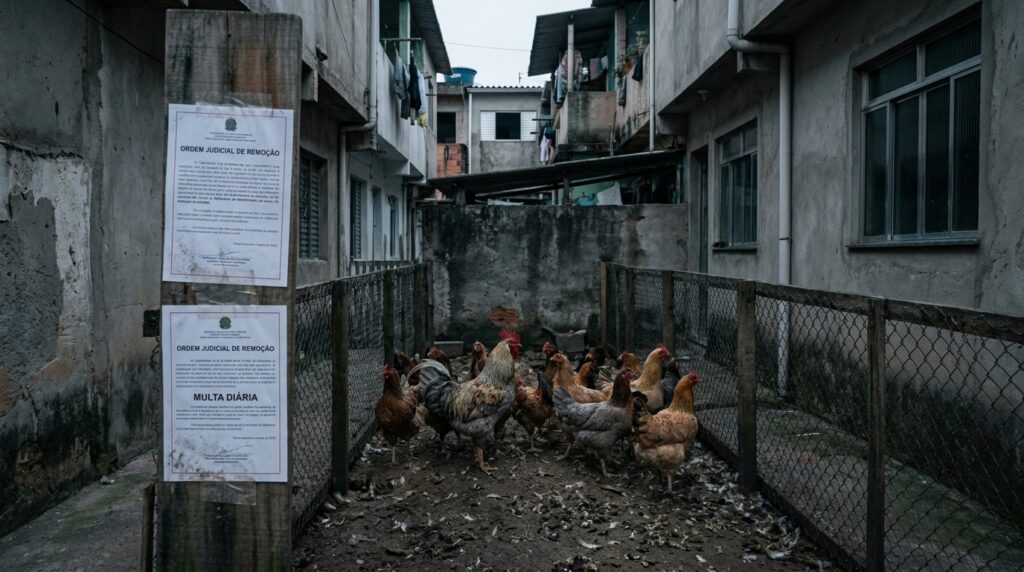 Família cria 14 galinhas no quintal de uma casa geminada, o cheiro e o barulho do galo às 4h tiram o sono da vizinhança por 2 anos, e o juiz determina a retirada dos animais com multa diária de R$ 500 em caso de descumprimento