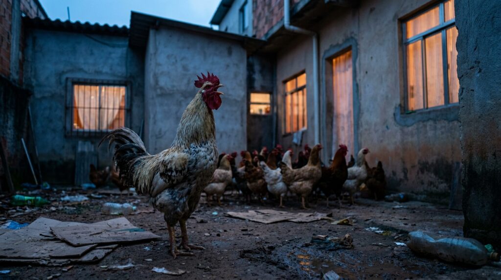 Família cria 14 galinhas no quintal de uma casa geminada, o cheiro e o barulho do galo às 4h tiram o sono da vizinhança por 2 anos, e o juiz determina a retirada dos animais com multa diária de R$ 500 em caso de descumprimento