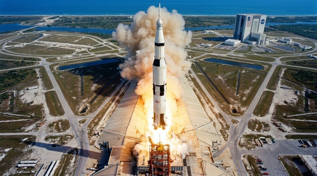Em 1969, a NASA enviou três astronautas à Lua para testar a sobrevivência humana em outro mundo; A missão Apollo 11 realizou a primeira caminhada humana na superfície lunar