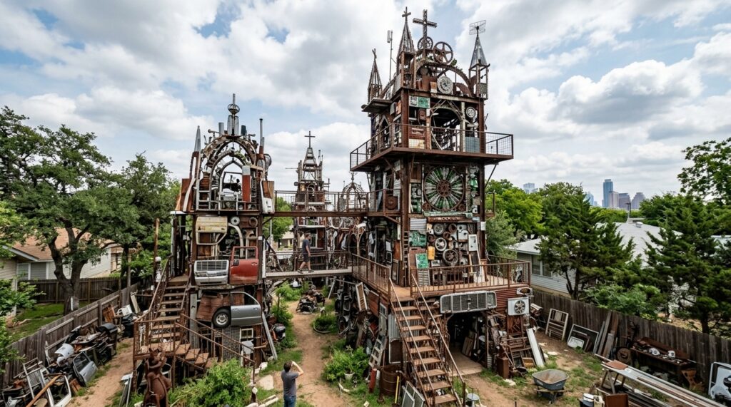Construída por Vince Hannemann desde o fim dos anos 1980, a Cathedral of Junk reúne mais de 60 toneladas de objetos e virou uma atração curiosa em Austin, Texas, EUA