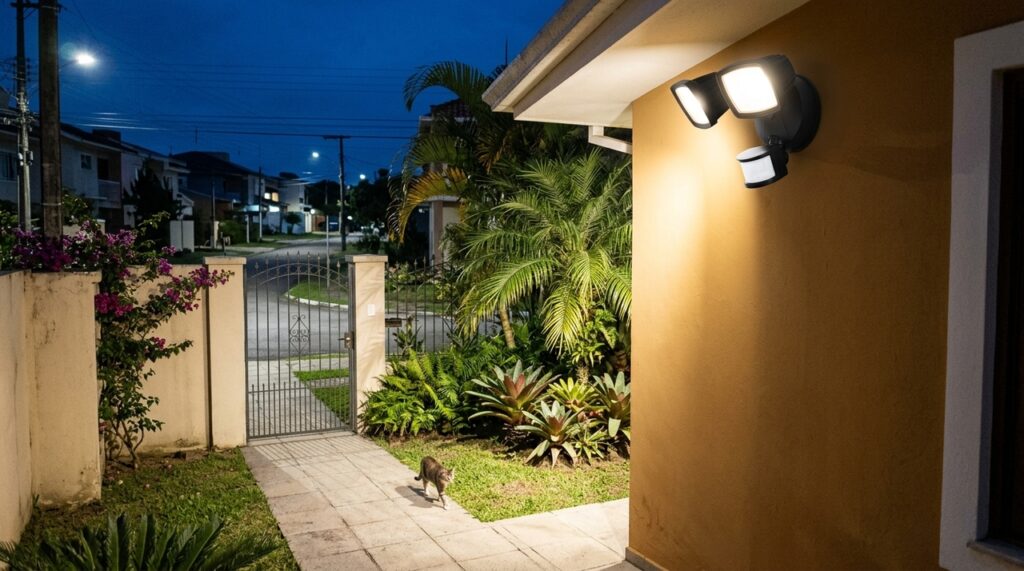 Morador coloca iluminação com sensor no quintal para acompanhar a movimentação e descobre como posicionar o equipamento corretamente