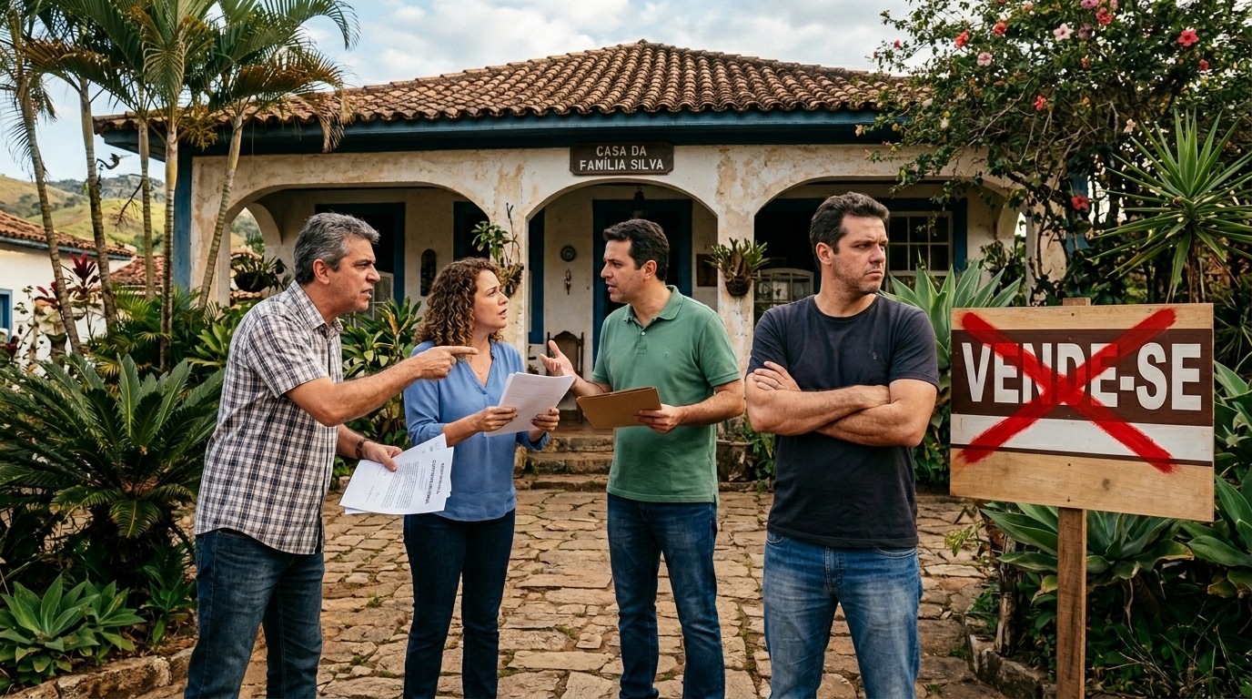 Família divide herança de R$ 400 mil em imóvel e terreno entre 4 irmãos, um deles se recusa a vender sua parte e trava a venda do bem inteiro por 3 anos, até que os outros descobrem que podem forçar a venda judicial mesmo sem o consentimento dele