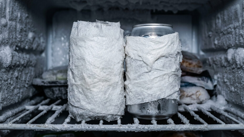 Enrolar latinhas em papel-toalha molhado antes de colocar no freezer: a técnica simples que gela cerveja e refrigerante em apenas 5 minutos