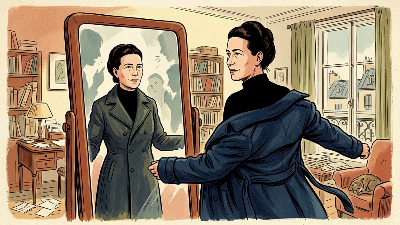 Frase de Simone de Beauvoir, filósofa francesa: “Uma mulher não precisa endurecer o coração para se tornar forte; precisa apenas parar de abandonar a si mesma para ser aceita.” Uma lição sobre parar de se diminuir para ser aceita