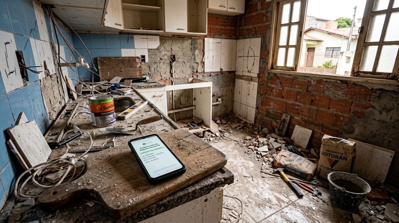 Aposentado contrata pedreiro por indicação para reformar a cozinha por R$ 18 mil e paga 60% adiantado em Pix: o trabalhador some com o dinheiro e deixa a cozinha demolida após quebrar a pia e o contrapiso, mas o idoso descobre que sem contrato assinado ainda tem como acionar a Justiça 