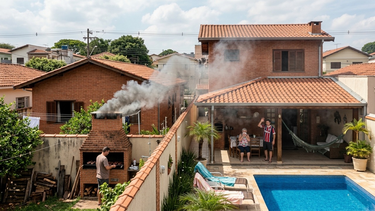 Vizinho constrói churrasqueira com chaminé virada para a área de lazer da casa ao lado e a acende três vezes por semana, e é obrigado a reformar a saída de fumaça por R$ 9 mil após ação por perturbação