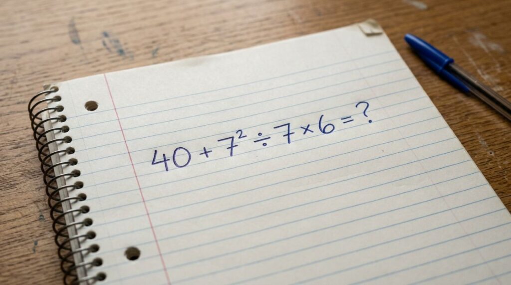 Só os mais atentos percebem a pegadinha escondida em 40 + 7² ÷ 7 × 6