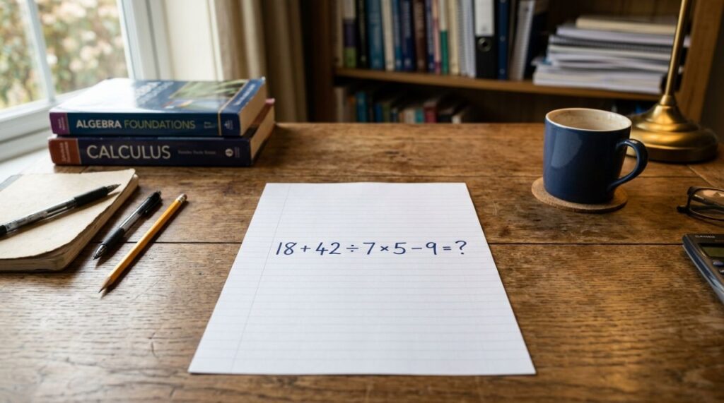 Resolva 18 + 42 ÷ 7 × 5 − 9 e prove que ainda domina a matemática básica