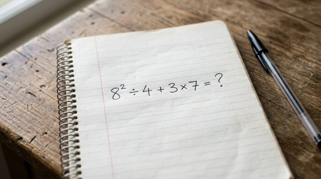 Antes de abrir a calculadora, tente descobrir qual número aparece no final: 8² ÷ 4 + 3 × 7