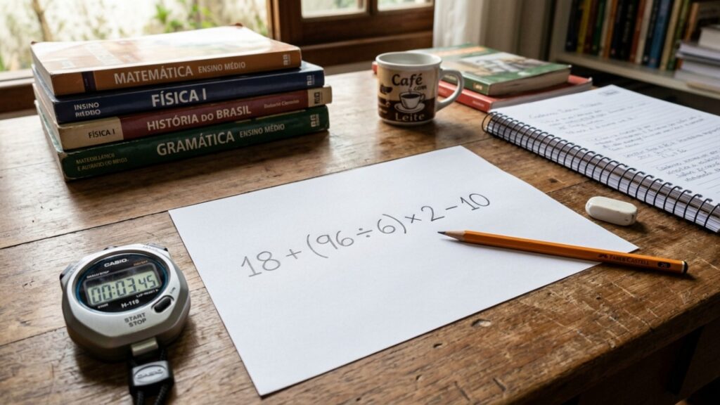 Você consegue resolver 18 + (96 ÷ 6) × 2 − 10 em apenas 9 segundos sem cair na armadilha da conta?