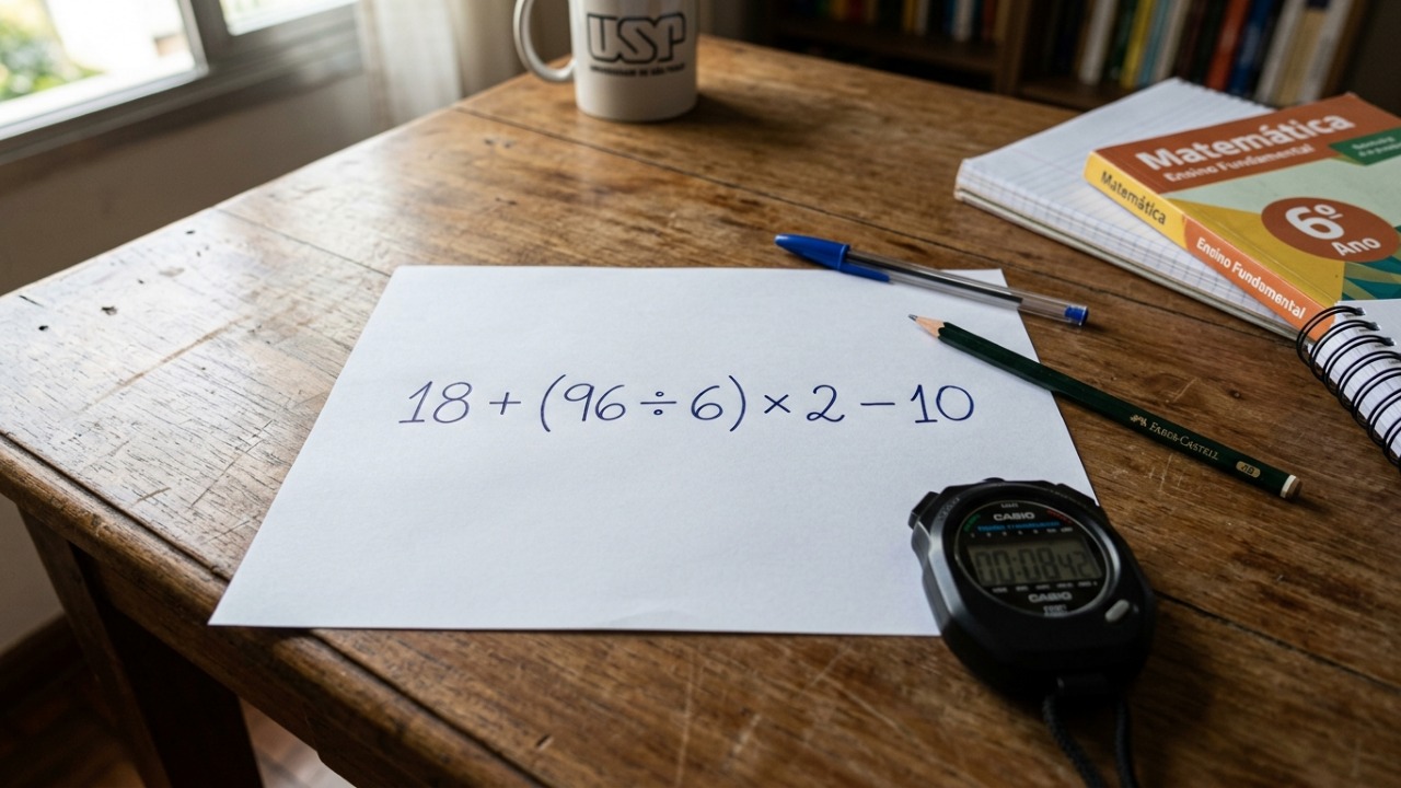 Você consegue resolver 18 + (96 ÷ 6) × 2 − 10 em apenas 9 segundos sem cair na armadilha da conta?