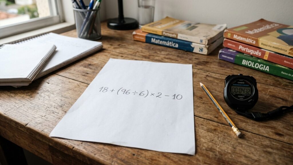 Você consegue resolver 18 + (96 ÷ 6) × 2 − 10 em apenas 9 segundos sem cair na armadilha da conta?