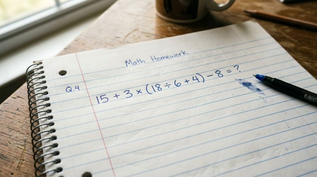 Você consegue resolver 15 + 3 × (18 ÷ 6 + 4) − 8 sem usar calculadora?
