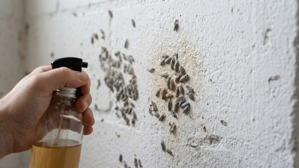 Borrifar spray de cravo-da-índia nos casulos grudados na parede: o truque que seca as traças de reboco sem manchar a pintura da casa
