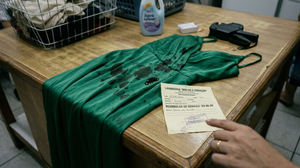 Lavanderia mancha vestido de R$ 3 mil, tenta indenizar cliente com o valor do serviço de R$ 80 e Justiça obriga o pagamento integral da peça