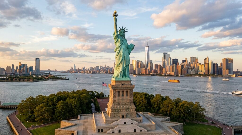 Inaugurado em 1886 como presente da França aos Estados Unidos, a Estátua da Liberdade tornou-se um dos maiores símbolos da imigração e da liberdade no mundo