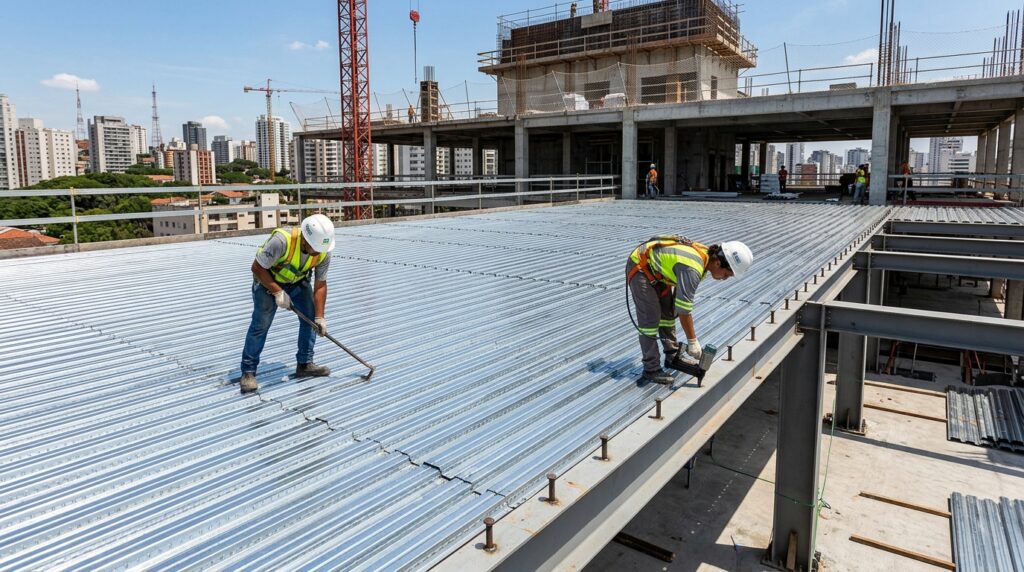 Construtoras estão trocando a laje maciça escorada por uma chapa de aço que vira laje sem uma única escora e que cinco pessoas montam a até mil metros quadrados por dia