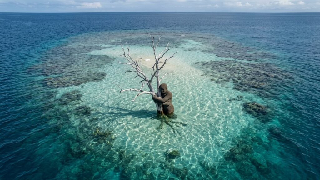 Ilha de quase 50 mil m² desaparece completamente sob o oceano e, 12 anos depois, uma escultura surge exatamente no mesmo lugar para acompanhar o avanço contínuo do mar
