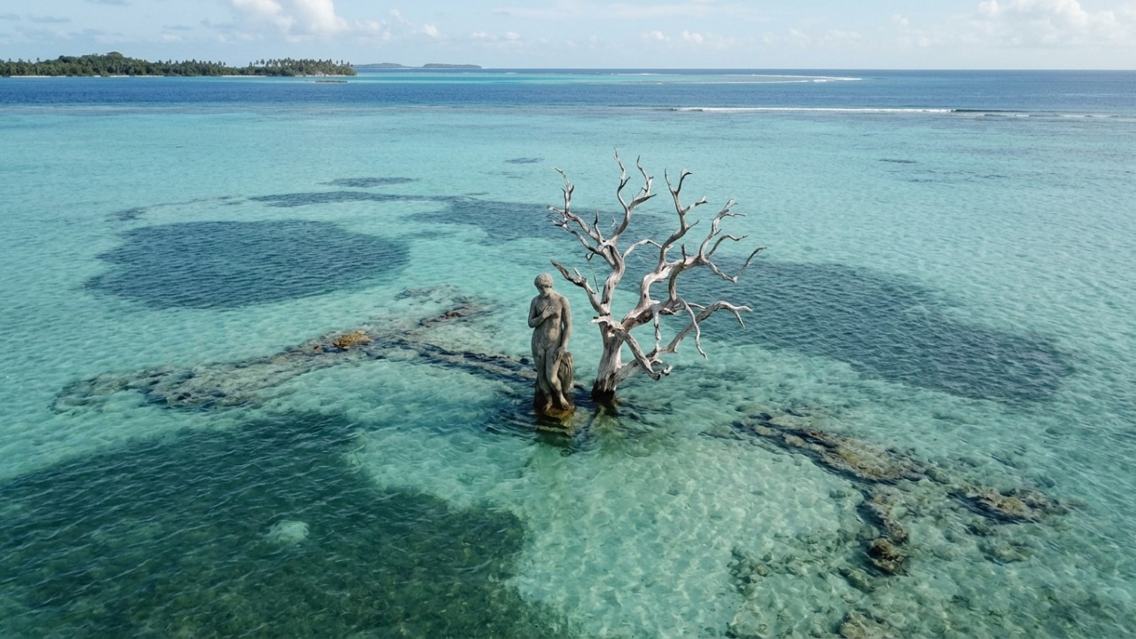 Ilha de quase 50 mil m² desaparece completamente sob o oceano e, 12 anos depois, uma escultura surge exatamente no mesmo lugar para acompanhar o avanço contínuo do mar