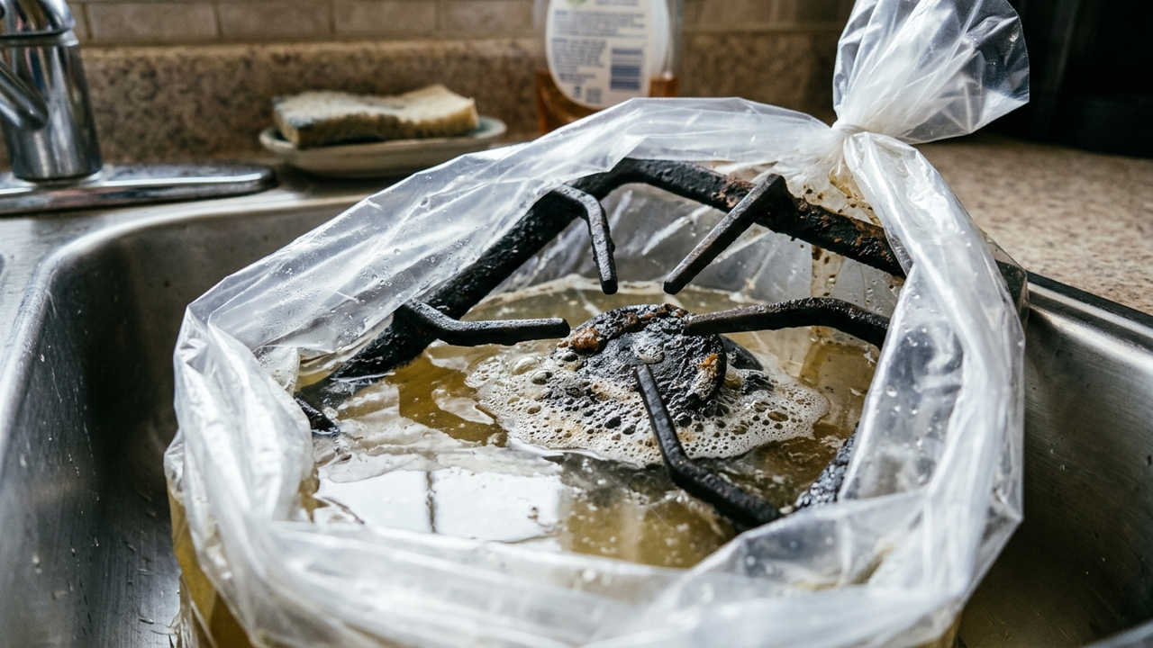 Fechar grades do fogão com água e amoníaco em saco plástico: o truque poderoso que derrete a gordura incrustada de um dia para o outro