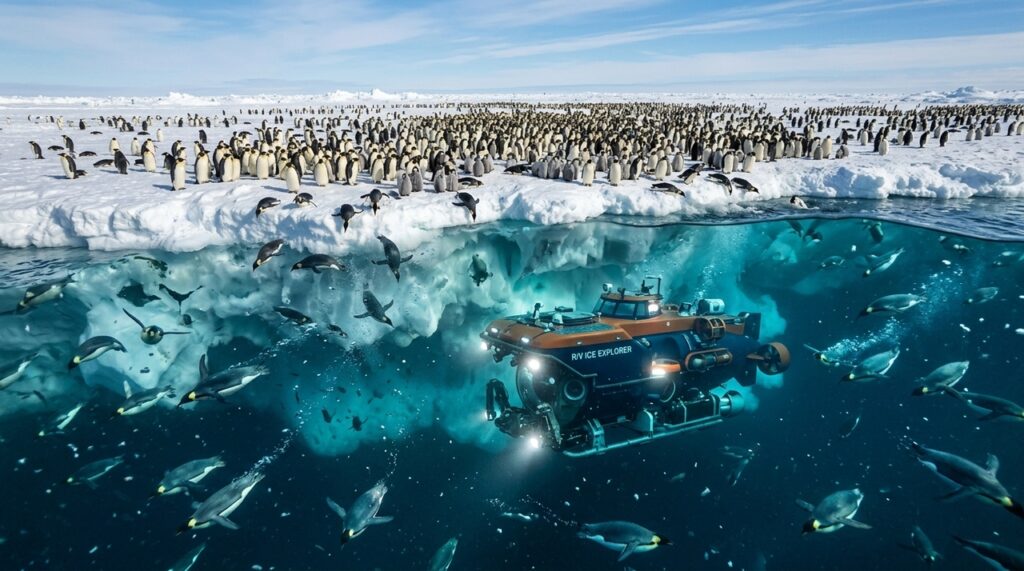 Submarino enviado às águas geladas da Antártida encontra uma comunidade gigantesca com milhares de pinguins distribuídos por uma área de 180 quilômetros quadrados