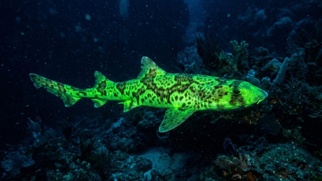 Tubarão verde cintilante aparece no oceano e revela um fenômeno raro da natureza que surpreendeu até biólogos experientes