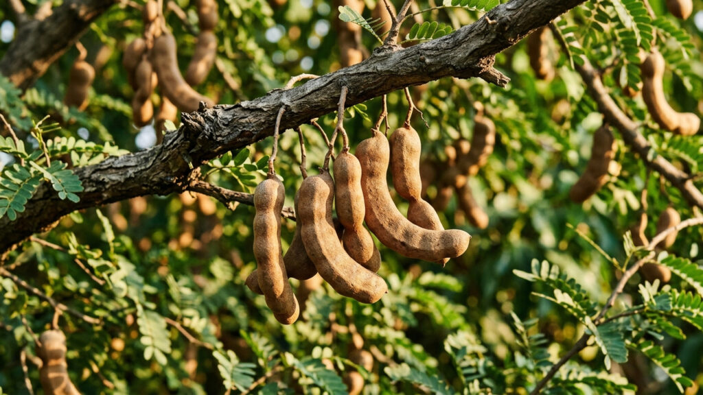Essa fruta exótica e rústica cresce em vagens grossas de madeira: por dentro abriga uma massa marrom deliciosa com sabor agridoce inconfundível