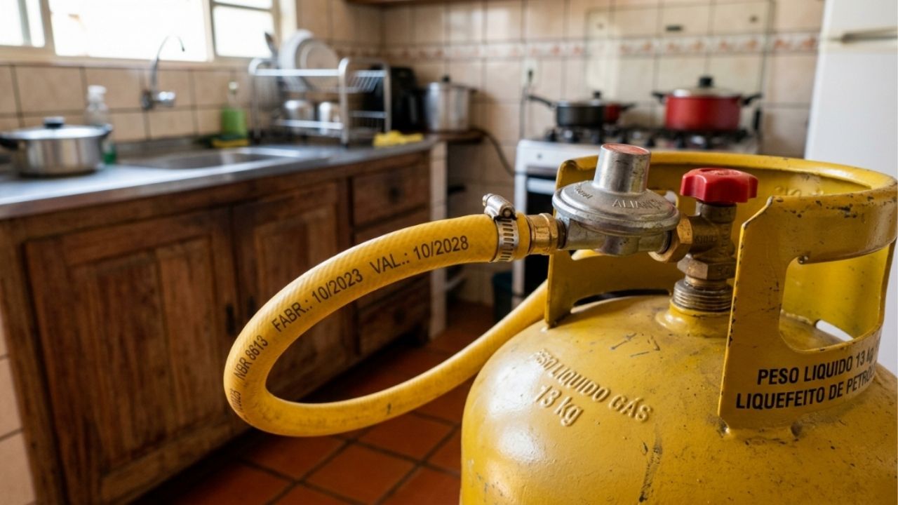 Técnico de instalação de gás alerta que 70% dos vazamentos perigosos em fogões novos ocorrem porque o morador reaproveitou a mangueira amarela vencida, e ensina como ler o prazo de validade gravado e quando usar a malha de aço
