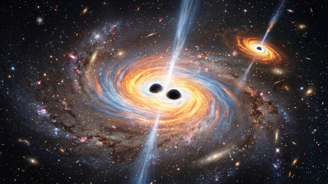 Astrônomos encontram trio de buracos negros massivos em galáxia a 12,5 bilhões de anos-luz, e dois deles estão separados por apenas 620 anos-luz