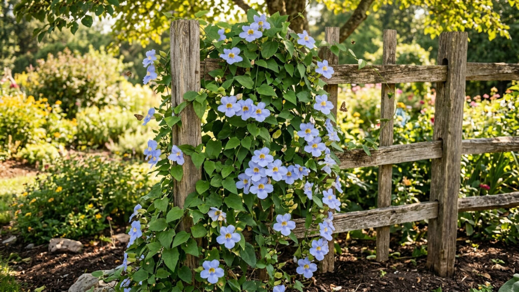 Essa trepadeira exótica tem um crescimento acelerado que cobre um muro feio de tijolos com uma verdadeira cachoeira de flores azuis em três meses
