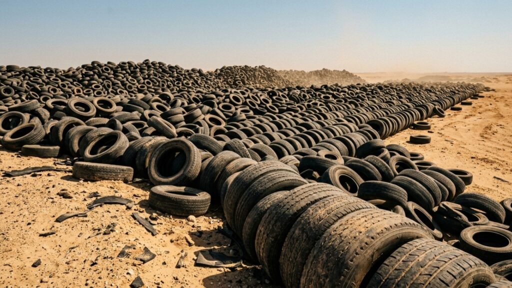 Ao enterrar pneus usados no meio do deserto, o Kuwait criou uma mancha negra tão grande que satélites conseguem distingui-la sem zoom