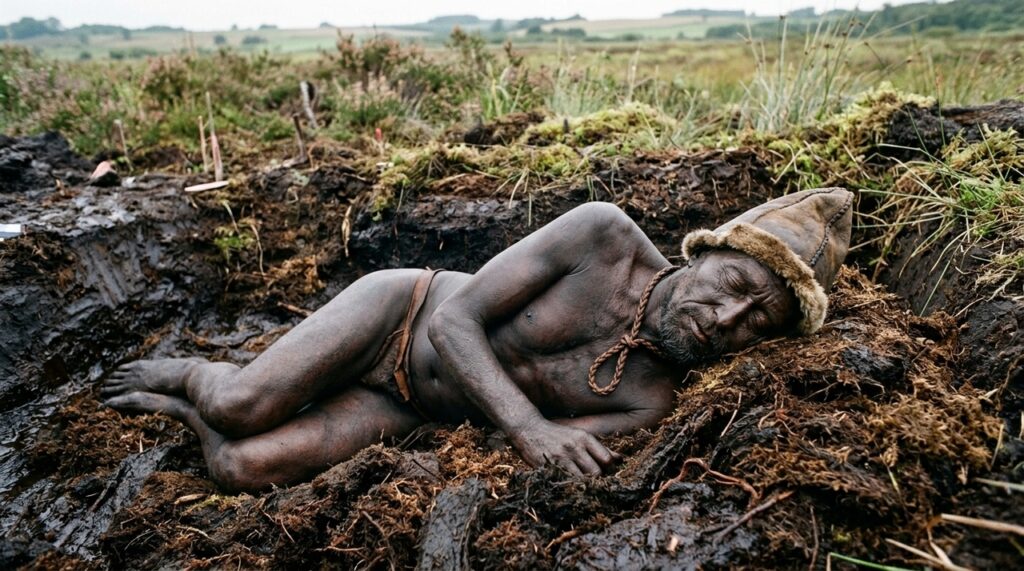 O homem de Tollund encontrado em 1950 em um pântano da Dinamarca e que revelou roupas, corpo e características pessoais preservados por mais de 2 mil anos