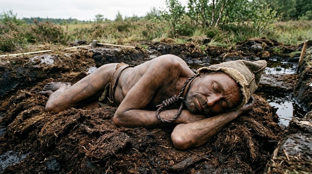 O homem de Tollund encontrado em 1950 em um pântano da Dinamarca e que revelou roupas, corpo e características pessoais preservados por mais de 2 mil anos