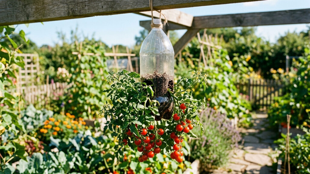 Cultivar tomates-cereja em garrafa PET pendurada de cabeça para baixo: o truque incrível para otimizar espaço e não quebrar os galhos