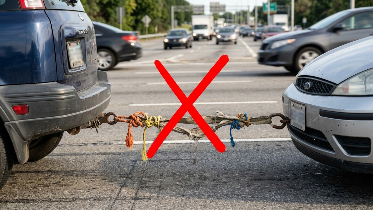 Rebocar carro com corda ou corrente passa a ser proibido e motoristas precisam ficar atentos ao novo padrão de segurança