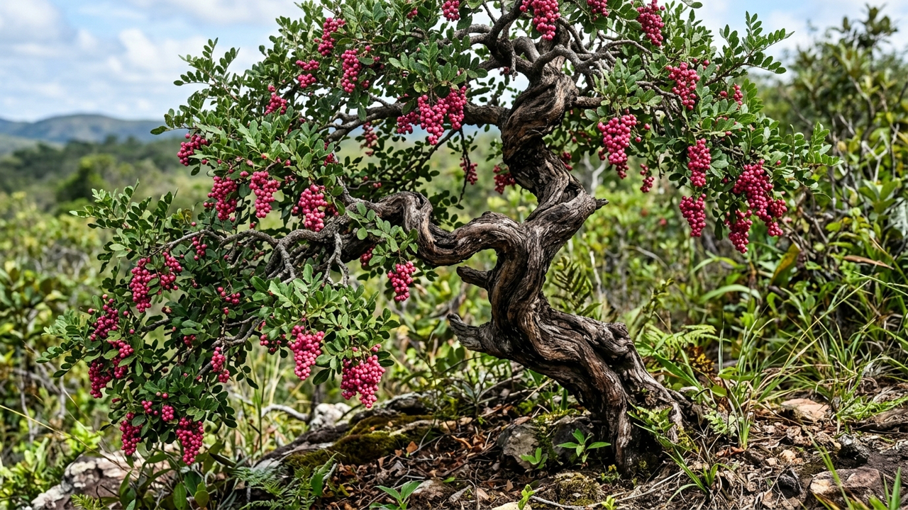 Essa árvore frutífera tem um tronco retorcido de bonsai e produz as famosas pimentas-rosa adocicadas que os chefs de cozinha amam usar