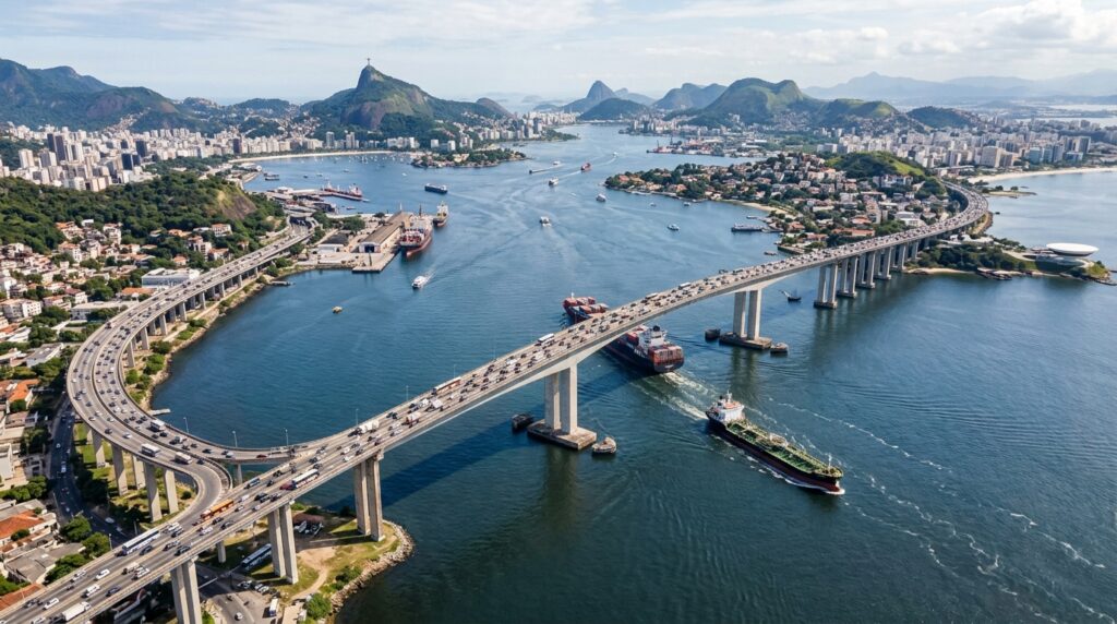 Construída no século XX para conectar diferentes regiões do país, a Ponte Rio-Niterói atravessa a Baía de Guanabara e utiliza uma extensa estrutura elevada para permitir a passagem de veículos e embarcações