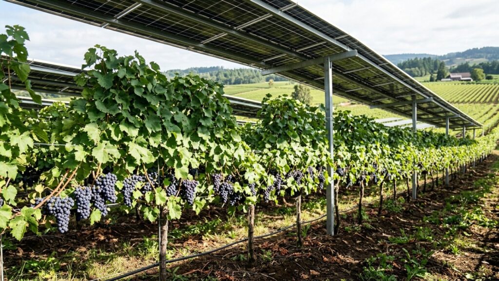 Em 2025, pesquisadores plantaram videiras sob painéis solares e descobriram que as plantas sombreadas produziram 27,7% mais uvas do que aquelas em sol pleno