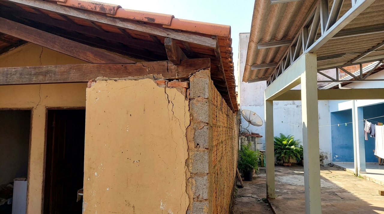 Morador usa o muro construído pelo vizinho para apoiar o telhado de um novo cômodo, a estrutura trinca e a cobertura precisa ser retirada