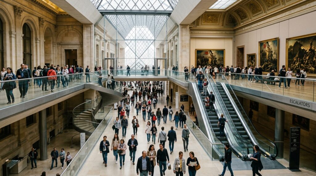 Construído no século XX para abrigar importantes exposições históricas, o Museu do Louvre utiliza elementos arquitetônicos e estruturas monumentais para representar a história da França
