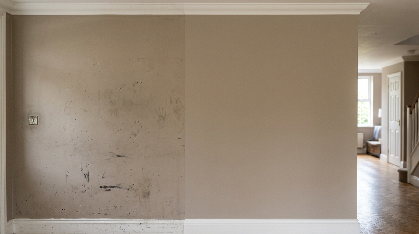 Pintor profissional explica como renovar o visual da parede usando limpeza especializada para eliminar manchas sem aplicar uma nova demão de tinta