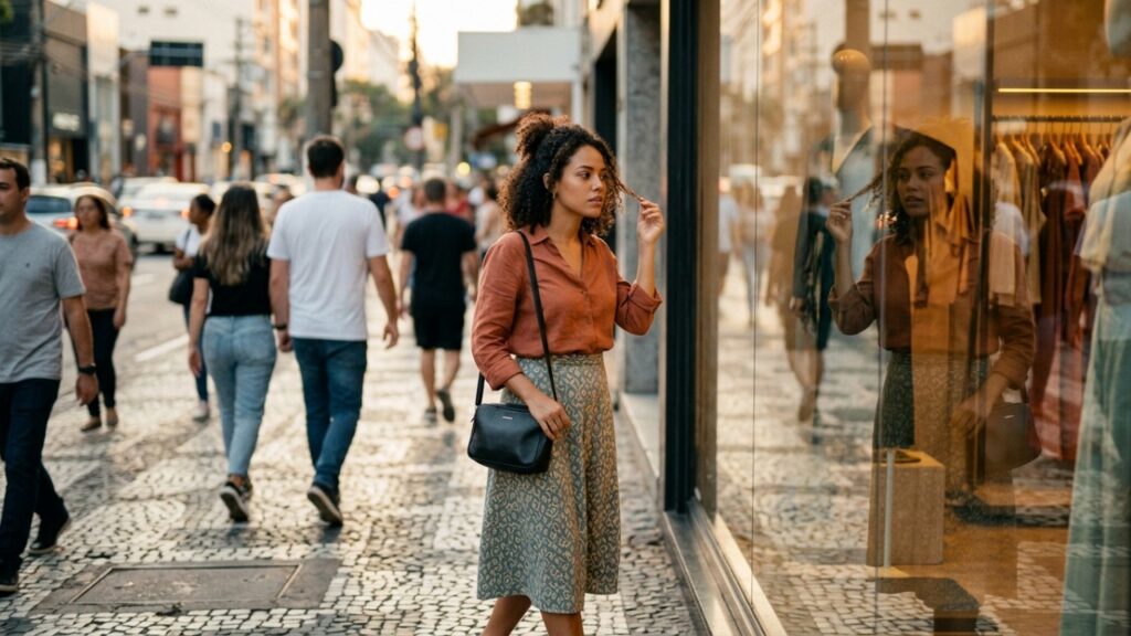 A psicologia afirma que quem olha o próprio reflexo em vitrines pode não estar apenas conferindo a aparência, mas tentando imaginar como é percebido pelas outras pessoas