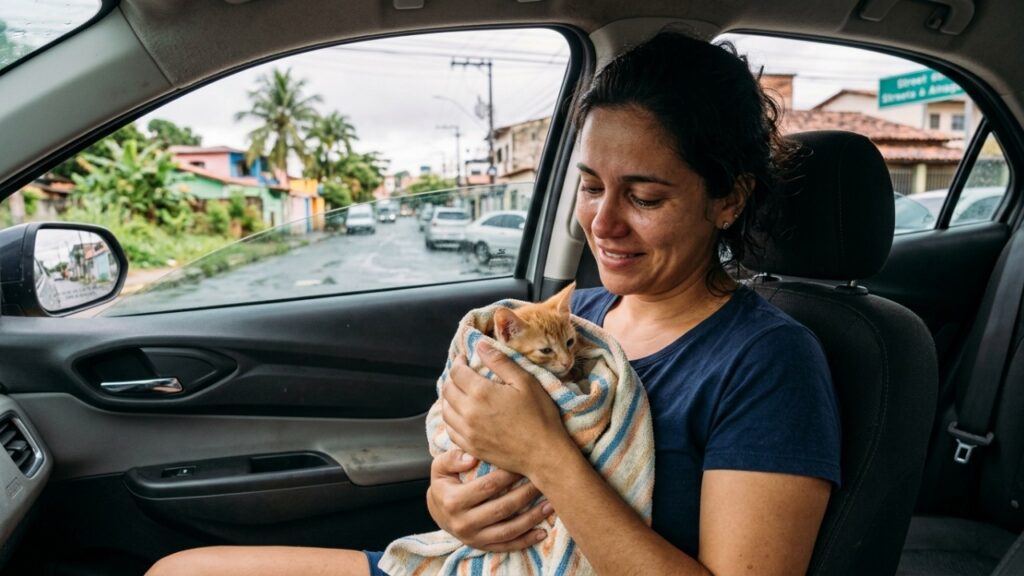 Mulher encontra uma gatinha tremendo de frio no estacionamento, abre a porta do carro e o que acontece em seguida muda a vida das duas