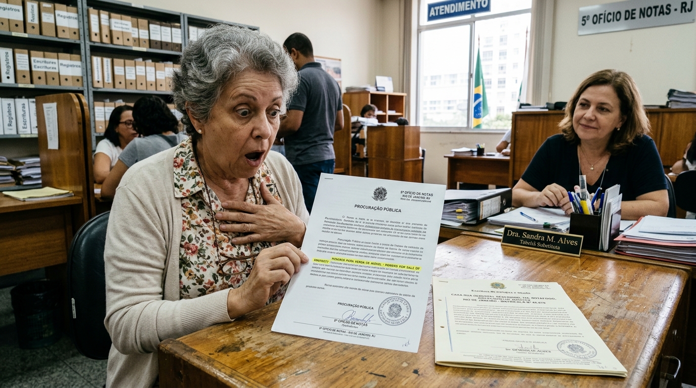 Aposentada assina procuração para a filha resolver o INSS, descobre que o documento também autorizava venda de imóvel e cartório revela a diferença entre a procuração comum e a que dá poderes sobre bens